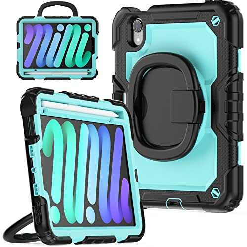 LOXO CASE Hülle für Neu iPad Mini (6. Generation) 8,3-Zoll 2021, Stoßfeste Robust Panzerhülle mit 360° Drehbarer Ständergriff,SkyBlue Black