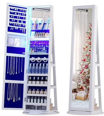 Lvifur Armoire à bijoux pivotante à 360° avec variateur de 3 couleurs,miroir pleine longueur avec rangement pour bijoux,Armoire à bijoux avec Etagère de Rangement à L’Arrière,Blanc