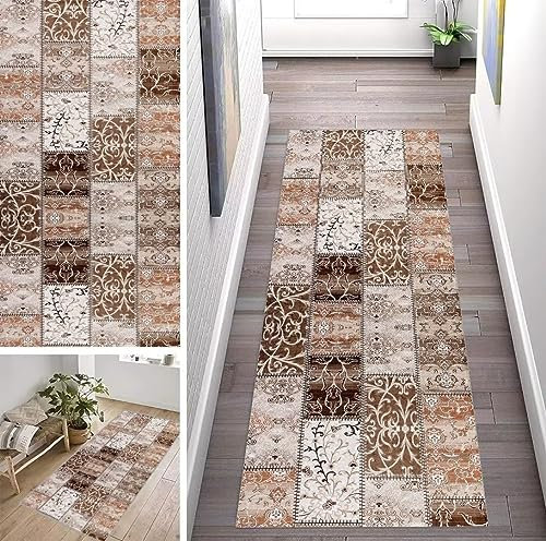 ZUZEKU Läufer Flur Küche Waschbar rutschfest 80X400cm Vintage Braun Marokko Boho Style Lang Küchenteppich Flurteppich Teppich Fur Korridor Wohnzimmer Schlafzimmer Meterware Anpassbar