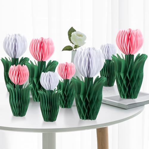 EASY JOY 8 Stück Tulpe Papier Blumen Centerpieces, Rosa Orange Weiß Tulpe Wabenbälle Dekoration, Tulpentischdekoration, für Home Tischdekoration Mädchen Geburtstag Hotel Hochzeit Büro Party