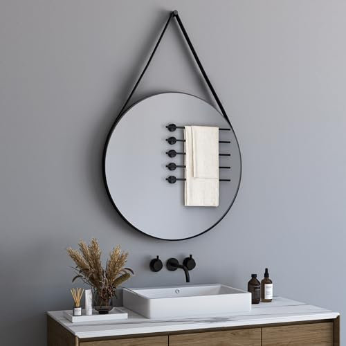 BD-Baode Spiegel Rund Schwarz 60 cm Rund Dekospiegel mit Verstellbarem Riemen Badspiegel Ohne Beleuchtung für Badezimmer, Waschräume, Schlafzimmer