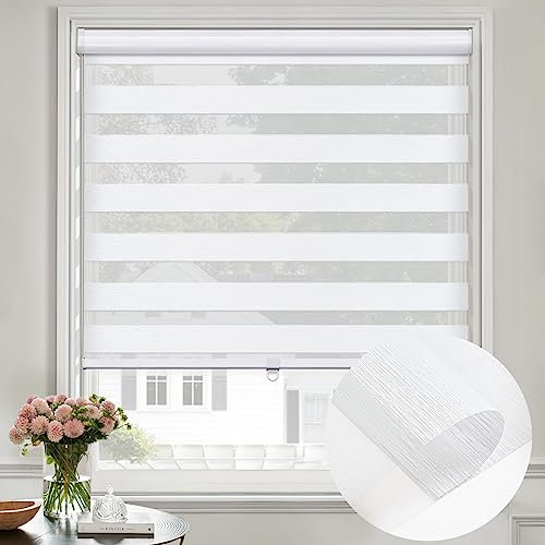Moonice Zebra Roller Blinds Cordless Spring Lifting Zebra Shades with Dual Layer Day and Night Roller Blinds for Windows Light Control and Privacy for Home Bedroom Office (White, Custom Size)