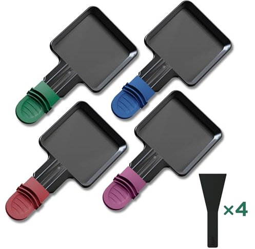 Yoassi 4 Pcs Poêlons Raclette Carré à Revêtement Antiadhésif,Mini Coupelle Raclette avec Poignées Colorées Anti-brûlures pour Fromage Fondu Oeuf Frit,4 Pcs Spatules Raclette Passés au Lave-vaisselle
