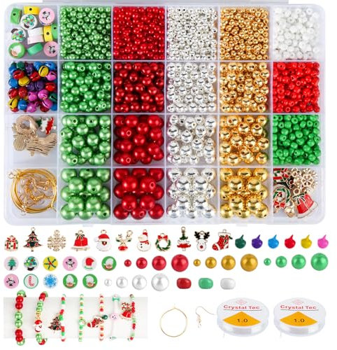 1715 Stück Perlen Weihnachten, Mehrfarbige Armband Perlen Set, Perlen Set Armbänder, Weihnachtsperlen für Armbänder, Halsketten, Ohrringe Kunsthandwerk (mit 2 Rollen Kristalldraht, Aufbewahrungsbox)