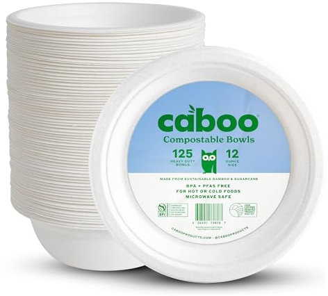 Caboo Lot de 125 bols jetables en papier de bambou, 355 ml, robustes et biodégradables, bols compostables, passe au micro-ondes, alternative écologique aux bols en plastique