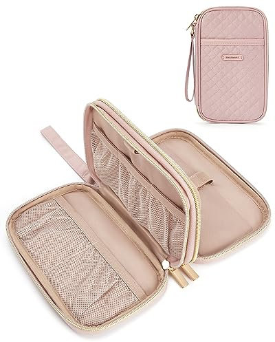 bagsmart Cable Organiser Bag Electronic Accessories Storage Case Holiday Travel Essentials Tech Pouch for Charger,Charging Cable,Flash Drive, Quilted Double Layer - Pink