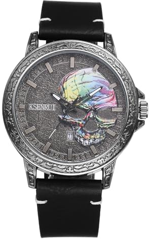 Avaner Uhren Herren Lederarmband Halloween: Steampunk Totenkopf Armbanduhr mit Leuchtende Zeiger Echtelederuhr Herrenuhr Analoge Quarz Uhr Cosplay für Männer Junge
