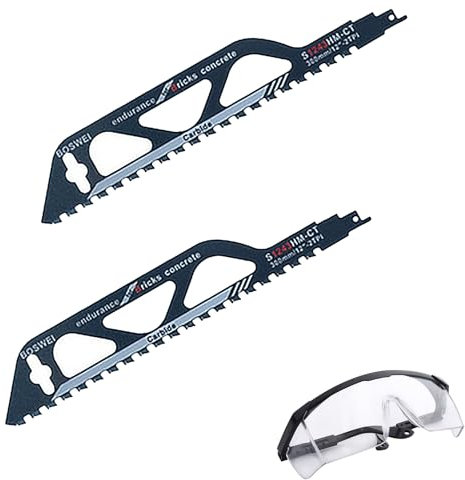 Wjelet 2 Stück Säbelsägeblätter mit Eine Schutzbrille, Säbelsägeblatt Stein Hartmetallstahl Sägeblätter, Sägeblatt Porenbeton für Einhell, Bosch, Makita, Dewalt (S1243HM, 305mm)