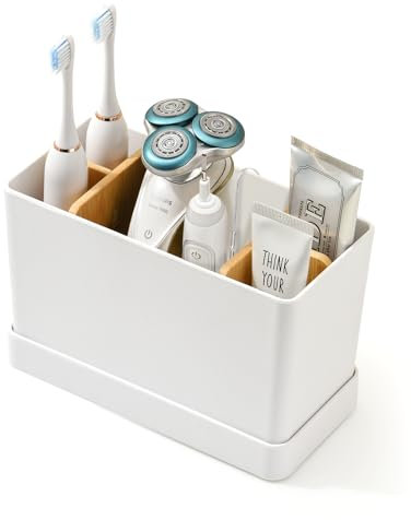 Zahnbürstenhalter, Toothbrush Holder mit Bambus Trennwänden, Halterung Elektrische Zahnbürste mit Abflusslöchern, Zahnbürsten Organizer Familie mit 5 Fächer Aufbewahrungsschlitz, Bad Organizer Stehend