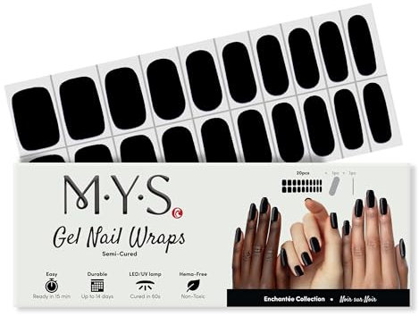 MYSc Gel Nail Wraps (Noir sur Noir) Semi-Cured Gel Nail Wraps, 20 UV Gel Strips for a Long-Lasting, Salon-Quality Manicure at Home, Easy to Apply, No Smudges, Easy to Remove, Works with Any UV Lamp