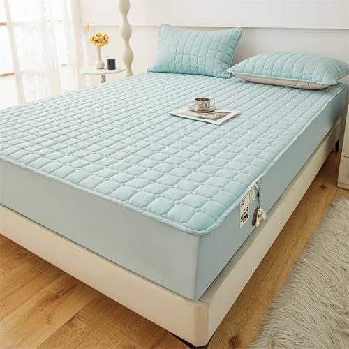 Epinki Betttuch & 2er Kissenbezüge 180x200cm Set Deko, Spannbettlaken Gesteppt Einfarbig Hell Grün Faltenresistent und Ausbleichen, Baumwolle Bett Laken Bezug
