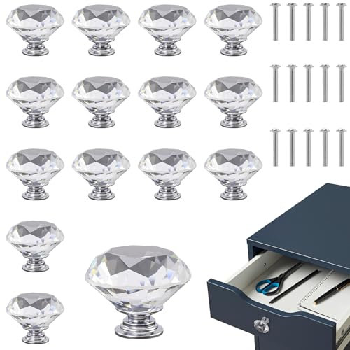 FUNSUEI 15PCS Crystal Glass Wardrobe Door Handles, 40mm Clear Crystal Drawer Knobs for Cupboard, Cabinet, Wardrobe, Home Decorating with Screws, Transparent