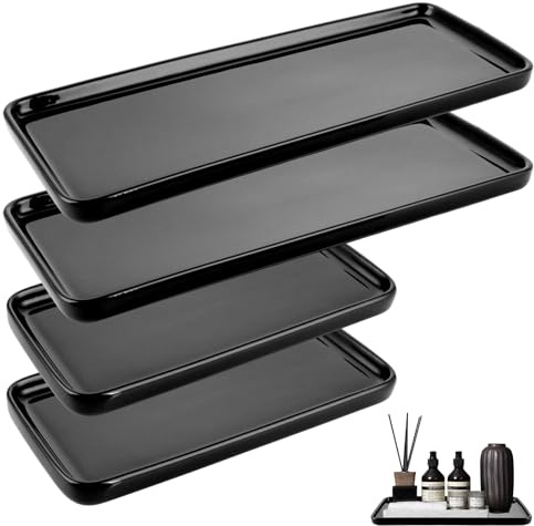 STARVAST Badezimmer Tablett Schwarz, 4 Stück Bad Tablett Eckig Breit Badezimmer Kieselgel Badewanne Veranstalter Kosmetik Halter für Tücher, Kerzen, Handtuch, Seife, Kosmetik, Pflanze(Schwarz)