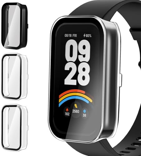 ivoler 3 Piezas Funda para Xiaomi Smart Band 9 Active/Redmi Band 3 (No para Xiaomi Mi Band 9), Protección Completa Protector de Pantalla de Cristal Vidrio Templado Carcasa, 2 Transparente + 1 Negro