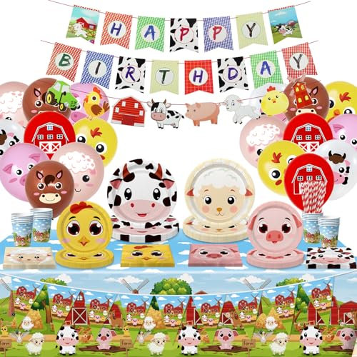 APUXXJUPA Farm Birthday Decorations -121 Pcs Birthday Party Supplies Serves 20, Animal Tableware Set for Farm Theme Decorations Baby Shower