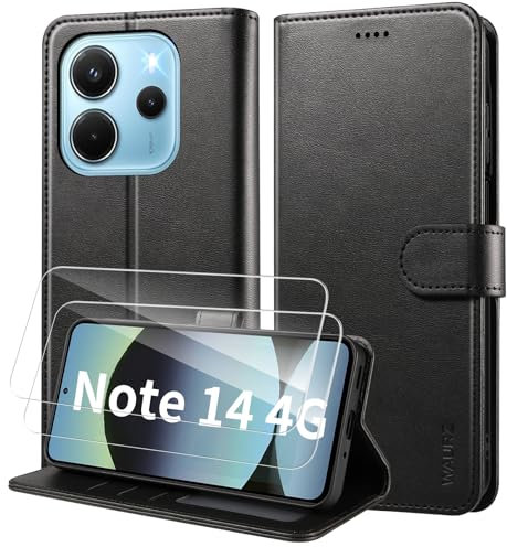 WAURZ Hülle für Xiaomi Redmi Note 14 4G, Handyhülle mit 2 Schutzglas Schutzfolie Hülle Schutzhülle Leder Klappbar Flip Case Kartenfach Ständer Handytasche Hüllen Etui Cover Klapphülle,Schwarz