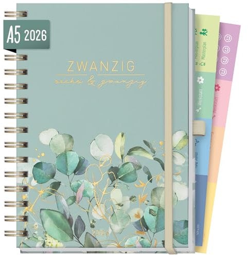 Häfft® Lieblings-Timer Deluxe Kalender 2026 A5 Minty Leaves Terminplaner mit Spiralbindung, Spiralkalender, Terminkalender, Wochenplaner, Ringbuch Planner - nachhaltig & klimafreundlich
