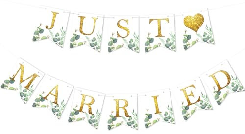 HOWAF Just Married Girlande, Girlande Hochzeit Herzen Eukalyptus Banner Just Married Deko Fotorequisiten für Hochzeitsdeko Auto Deko Hochzeit Heiratsantrag Verlobung Standesamt Dekoration