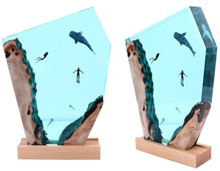 Fdit Ozean Diver Whale Nachtleuchte Höhle Whale Hai Taucherharz Ornament Holzlampe Kunst, Handgefertigter Harzschreibtisch Kunst Ornamente mit LED -Leuchten für Wunderschöne