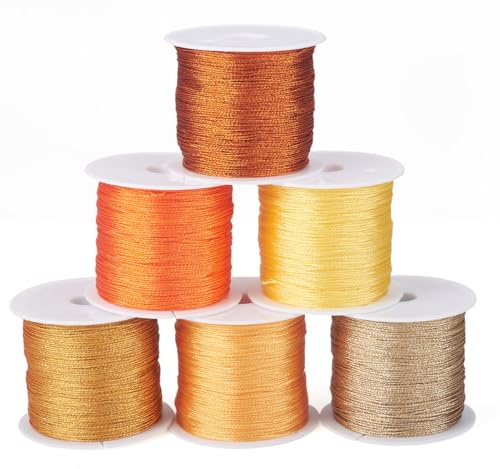 PandaHall Stickgarne, 0,4 mm, Metallic-Faden, 6-lagig, orange-gelb, Perlenschnur, Nähgarn zum Klöppeln, Quilten, Freundschaftsarmband, Schmuckherstellung, 6 Rollen