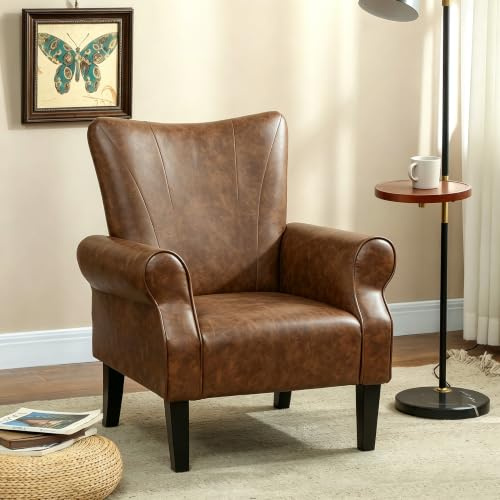 HOMCOM Armchair Linen Wingback Accent Chair Rolled Arms Brown | Small Spaces, Rubberwood Legs, Fireside, Living Room, Bedroom
