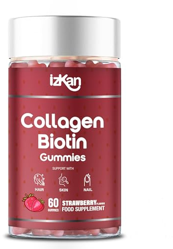 Collagen Gummies with Zinc, Biotin, Vitamin C & E – Type 1 Hydrolysed Collagen for Hair, Glowing Skin Nails & Joint Support – High Absorption, Gluten-Free, Natural Strawberry Flavour – 60 Gummies (1)