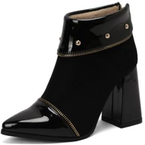 Damen Stiefeletten Aus Lackleder Und Wildleder Spitzem Zeh Bequeme Hohe Klobige Blockabsätze Reißverschluss Mit Nieten Slip On Abend Schuhe