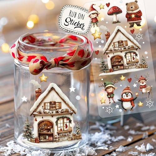 ilka parey Weihnachtssticker Rub on Sticker Weihnachtsmotive Häuschen Weihnachten Elfen Wichtel - Rubons - Rub on DIY für Windlicht Teelicht- Din lang Bogen rb35