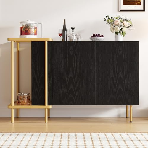 Kebnor Moderner Sideboard-Schrank mit 2 Türen und 2 offenen Fächern, Couchtisch aus Metall/Glas,120 x 40 x 77.5 cm (LxBxH) (Schwarz1)