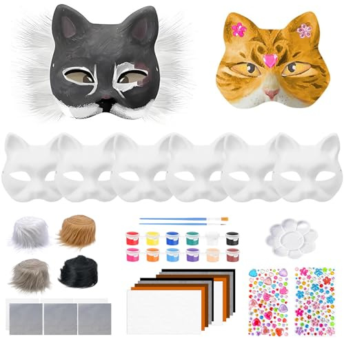 MoguGo Therian Mask DIY Set, 6 Stück Katzenmaske zum Bemalen, Leere Therian Katzenmasken zum Basteln, DIY Papier Maske für Cosplay, Halloween, Maskerade