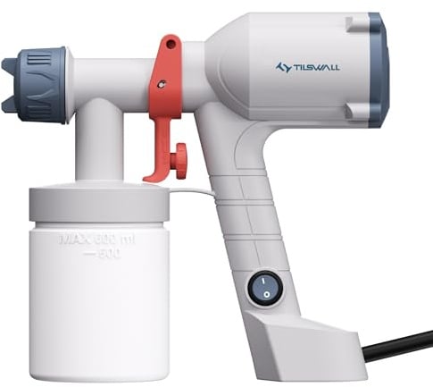 Tilswall Farbsprühsystem, Upgrade Ultra-leichte Elektrische Farbsprühgerät mit 600ml Farbbehälter, 2 Düsen & 3 Sprühmustern - Sprühpistole Für Wandfarbe, Schränke, Zäune, Türen, Möbel, Weiß