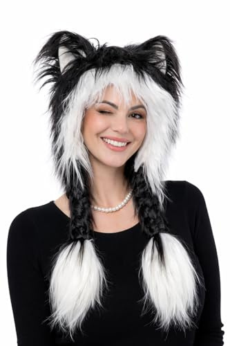 MIMIKRY Damen Plüschmütze mit Ohren und Zöpfen Schwarz/Weiß Katze Mütze warm weich