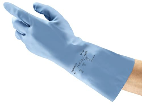 Ansell AlphaTec 37-520 Gants Protection Chimique en Nitrile, Gant Impérméable Très Résistant Liquides et Solvants, EPI Homme Femme, Réutilisable, Bleu, Taille L (12 Paires)