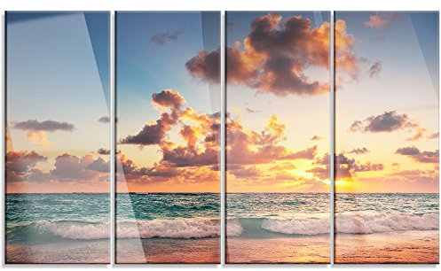 Design Art PT13815-48-28-4P Sonnenaufgang Karibik Meer Leinwandbild, 48 x 28-4 gleiche Paneele