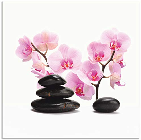ARTland Wanddeko Wandbild Alu Verbundplatte für Innen & Outdoor Bild Wellness Zen Stein Fotografie Pink/Rosa Schwarze Steine und pink Orchidee T6BI