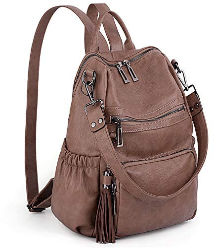 UTO Damen Rucksack PU Washed Leder Modischer Multifunktionsrucksack mit Quastendesign Lässige Schultertaschen vielen Kompartiment Reißverschluss Umhängetasche Rucksack Schule Schulrucksack Khaki