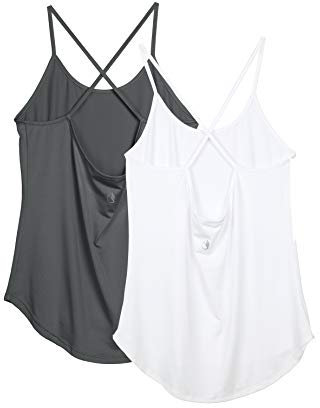 icyzone Damen Sport Shirt Yoga Rückenfrei Träger Top Gym Fitness Oberteile 2er Pack Sport Tank Top (S, Dunkelgrau/Weiß)