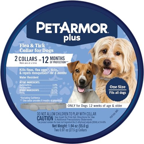 PetArmor Plus Flea & Tick Collar for Dogs, Kills Fleas & Ticks, Long Lasting Protection for 12 Months, Water Resistant, One Size Fits All, 2 Collars