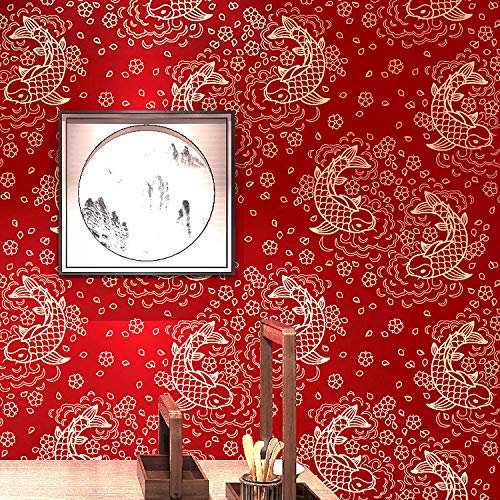Prior.choice Traditionelle chinesische rot-gelbe Koi-Fisch-Blume, wasserfest, strukturierte PVC-Tapetenrolle für Schlafzimmer, Wohnzimmer, 4,5 x 80 cm (B x L), 9,5 x 0,53 m