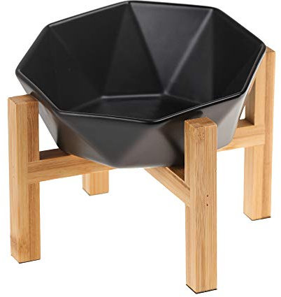 Noir avec Support Porte-gamelle Surélevée Gamelle incliné pour Chien et Chat Céramique avec Support en Bambou