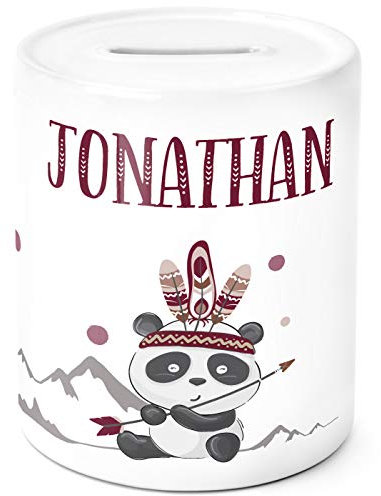 SpecialMe® Kinder Spardose mit Namen Panda Pandabär Boho Indianer Keramik Sparschwein für Jugnen & Mädchen weiß Unisize