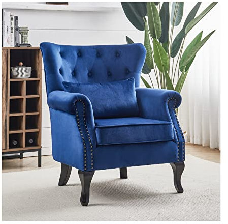 INMOZATA Wing Back Fireside Chair Comfy Velvet Armchair Load Maximum Weight 150kg, Occasional Single Sofa Lounge Chair for Living Room Bedroom Reception (Blue)