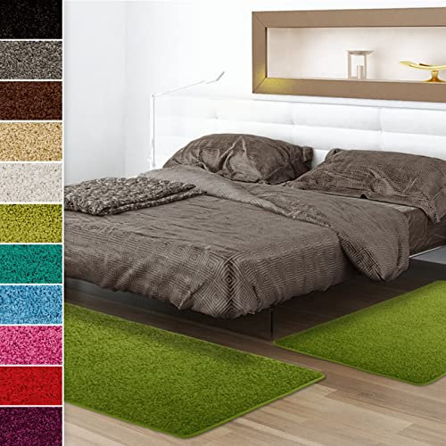 Shaggy-Bettumrandung Sphinx - 3-teiliges Läufer-Set für das Schlafzimmer - Hochflor Bettvorleger in vielen Farben (B: 67 cm | L: 1 x 240 cm + 2 x 140 cm, Grün)