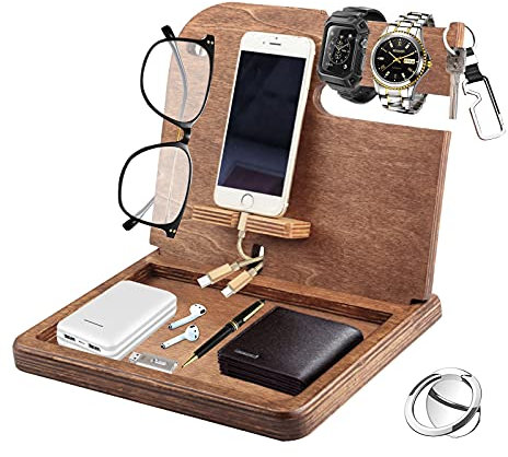 Geschenke valentinstag Geburtstags für Männer,Holz-Handy-Dockingstation,Partner Geschenke,Desktop Organizer Holz Kleine Gegenstände Storage Box mit Telefon Ringhalter (Khaki)