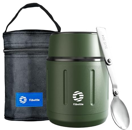 Healter-750ml Food flasks for hot food Soup flask Thermal food container Portable Stainless Steel Food Containers with Insulated Bag & Folding Spoon Keep Hot/Cold for 12 Hours(Green)