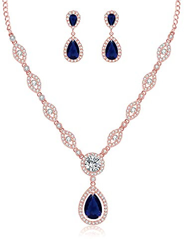 wynn's Wedding Jewellery Set for Women, Silver Necklace Dangle Earrings Set, Rose Gold Bridal Jewellery Set with Sapphire Blue AAAAA Cubic Zirconia, Allergy Free Jewellery Set for Bridal Bridesmaid