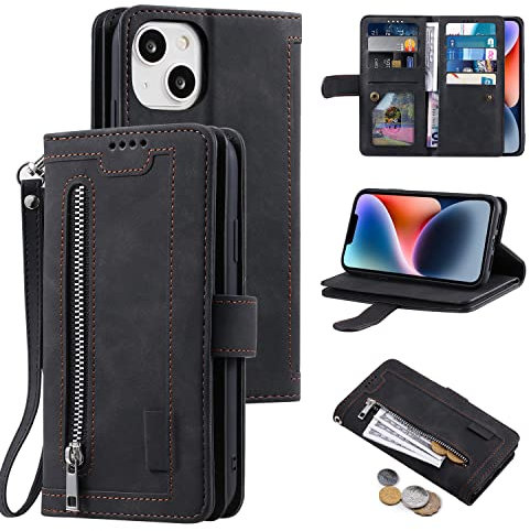 UEEBAI Wallet Case for iPhone 13 mini 5.4 inch, Retro 9 Card Holder Slots Zipper Pocket Handbag Case PU Leather Magnetic Closure Kickstand with Wrist Strap TPU Shockproof folio Case - Black