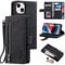 UEEBAI Wallet Case for iPhone 13 mini 5.4 inch, Retro 9 Card Holder Slots Zipper Pocket Handbag Case PU Leather Magnetic Closure Kickstand with Wrist Strap TPU Shockproof folio Case - Black