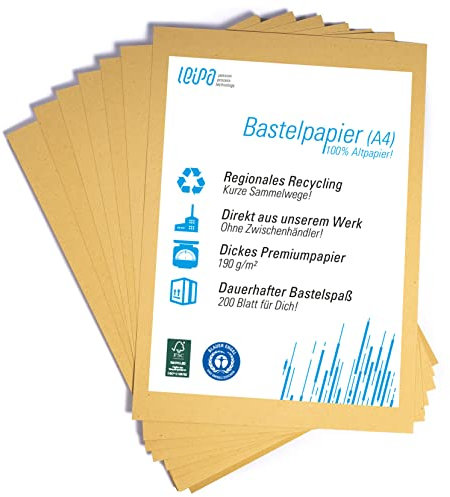 200 Blatt recyceltes Buntpapier Basteln Gelb Farbige Pappe Blätter für Kinder A4 190g/m² LEIPA Manila-Karton Dekorieren, Tonpapier Bastel-Papier Bastelset Malblock, Vintage/Retro (Gelb)