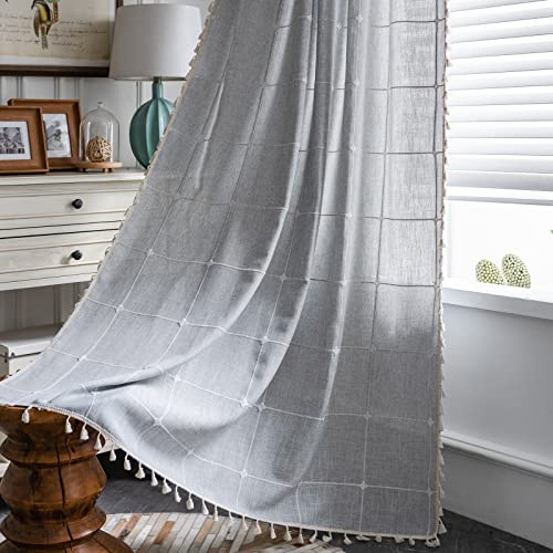 ColorBird Farmhouse Halbverdunkelungs-Fenstervorhänge, 2 Paneele, Stickgitter, Baumwollleinen, Verdunkelungsvorhänge mit Quaste, Stange, Tasche, Fenstervorhänge für Esszimmer, Wohnzimmer, Schlafzimmer